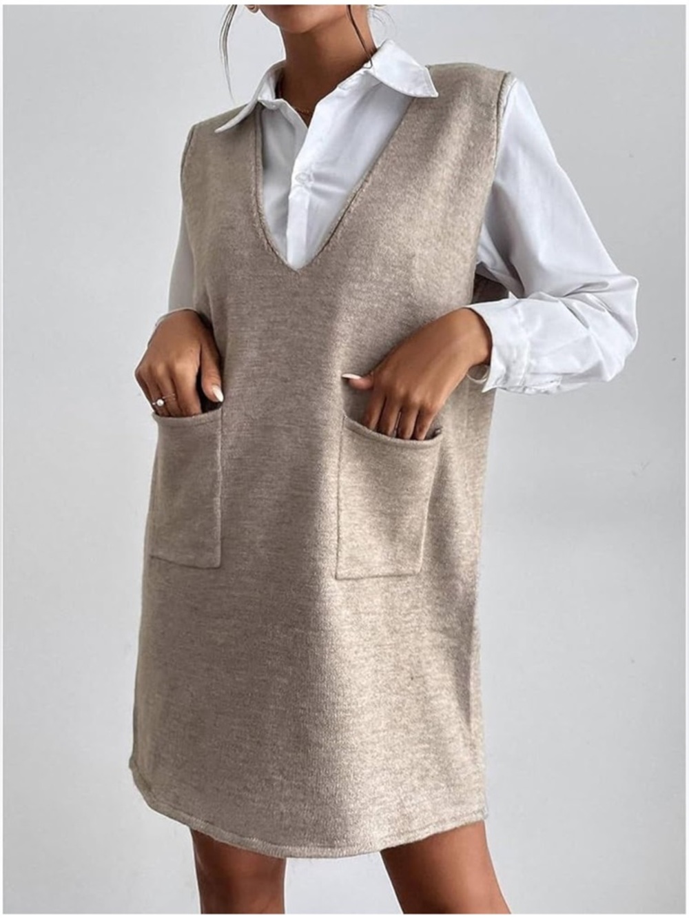 SOMTHRON V Neck Sleeveless Sweater Vest Dress Mini Dress with Pockets XS